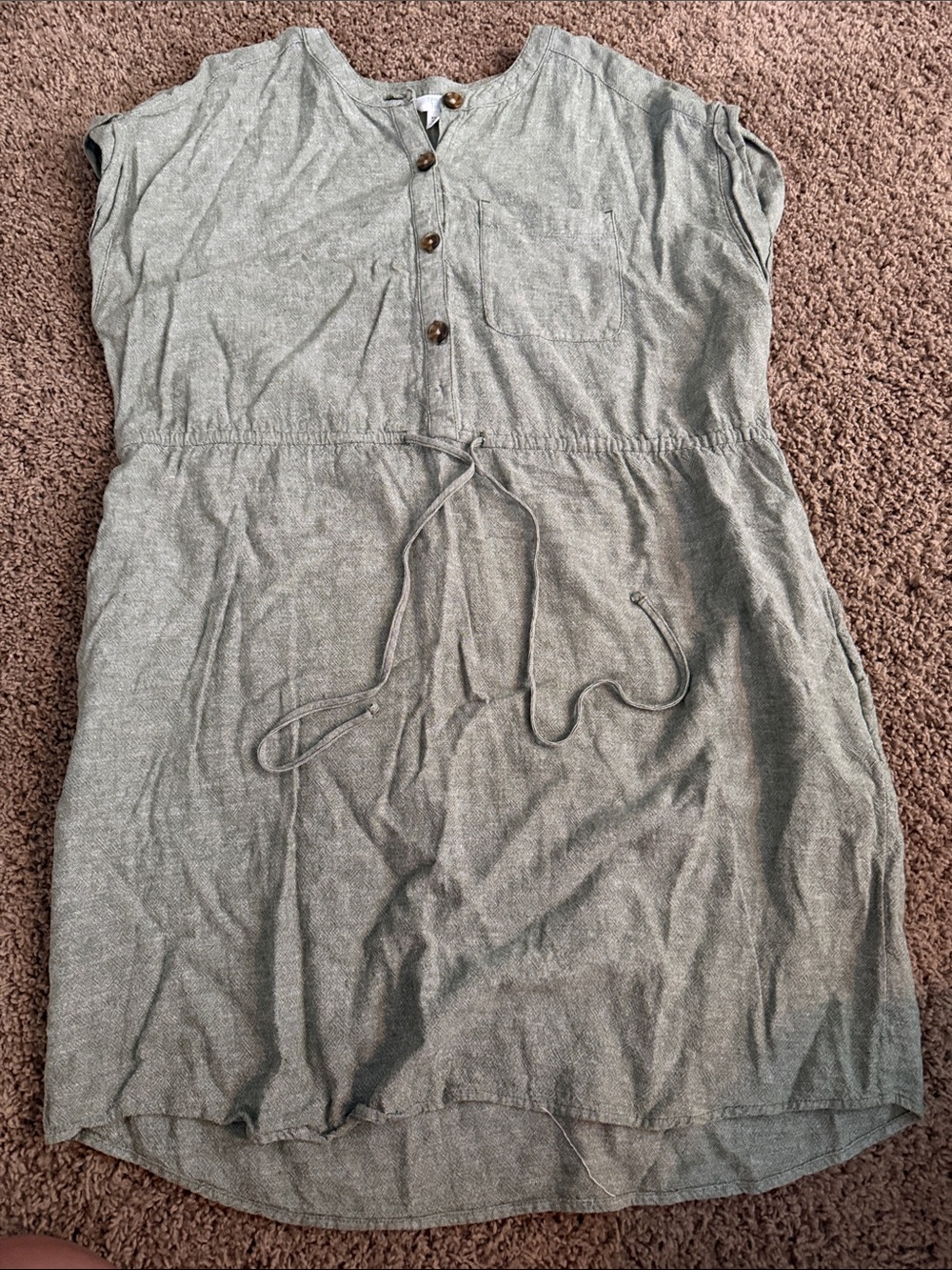 Light Green Button-Front Drawstring Waist Dress